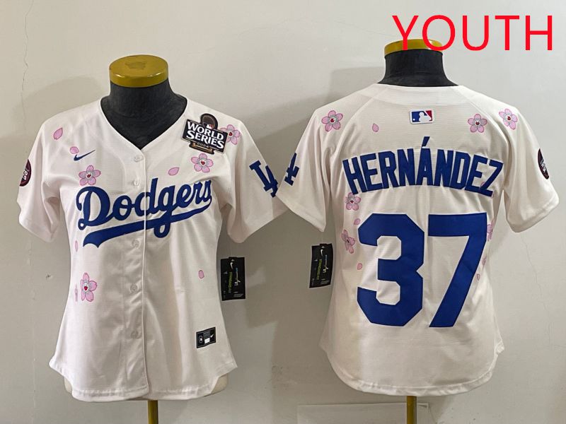 Youth Los Angeles Dodgers #37 Hernandez Cream Sakura Edition 2025 Nike MLB Jersey style 36